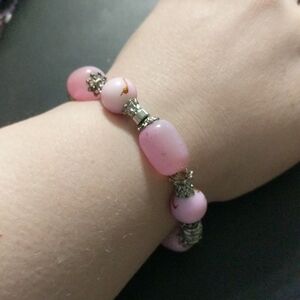 Silver Tone and Pink Beaded Stretchy Elastic Bracelet